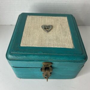 Nate Berkus Teal and Cream Distressed Wooden Jewelry Box with Heart Detail